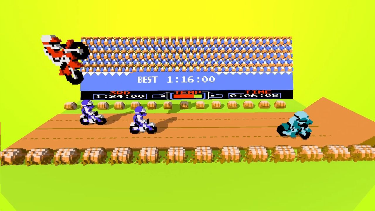Excitebike in 3dSen — bike mid-jump in real arc