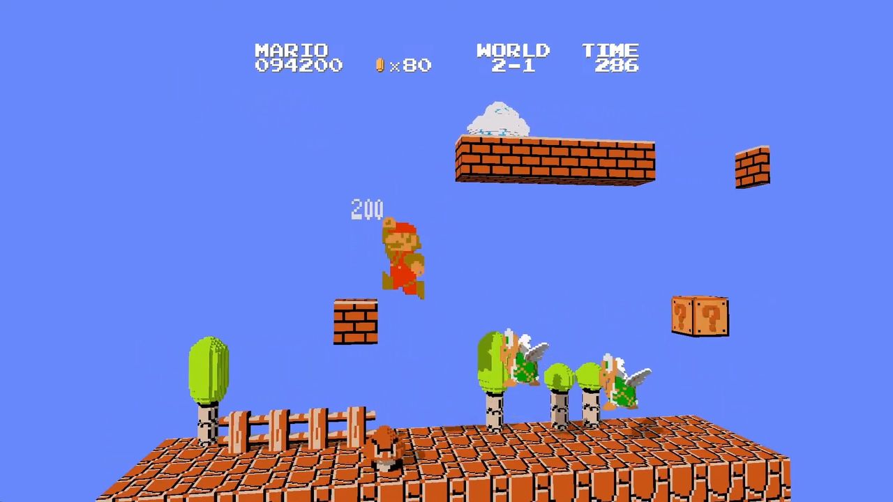 Super Mario Bros. rendered as a 3D voxel diorama in 3dSen